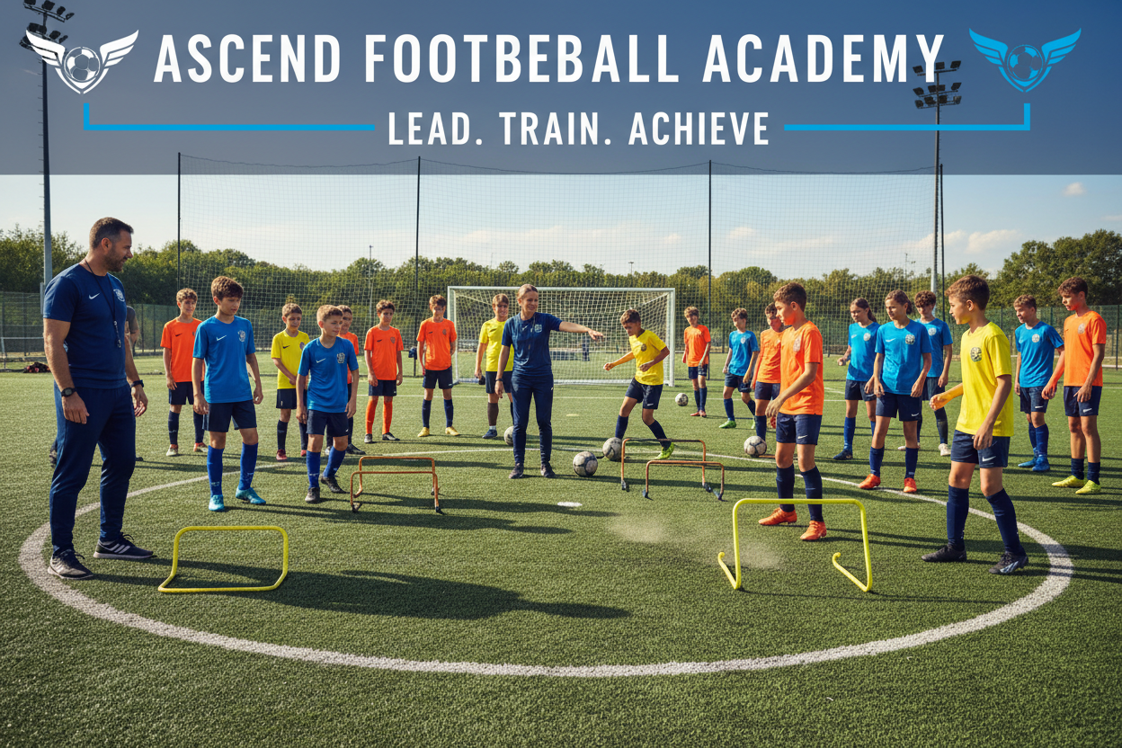 Group of football players training together on a pitch