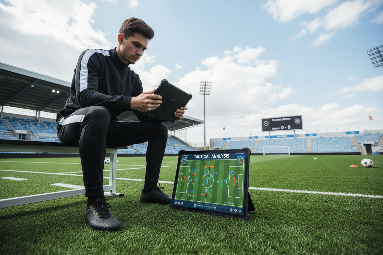 Player studying football tactics on a tablet with a pitch in the background