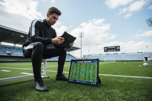 Player studying football tactics on a tablet with a pitch in the background